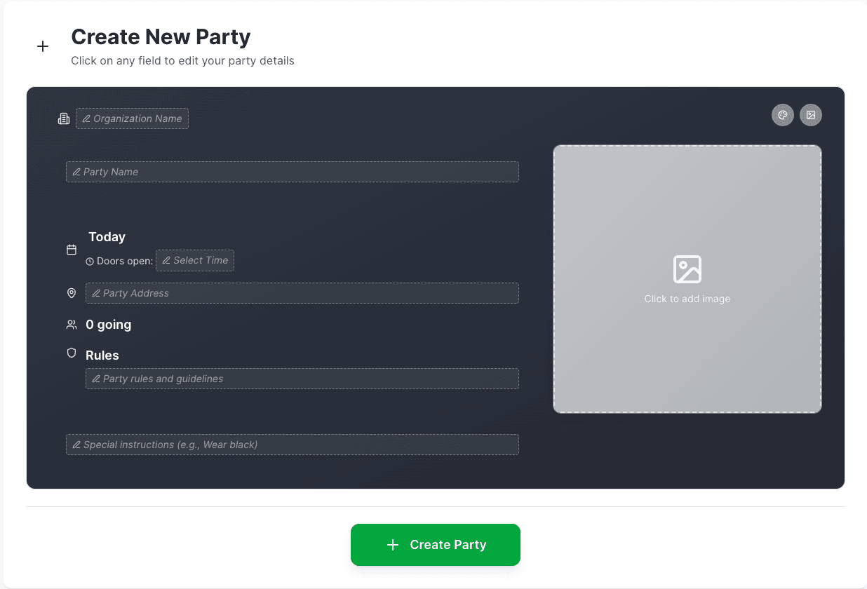 Create Party Interface